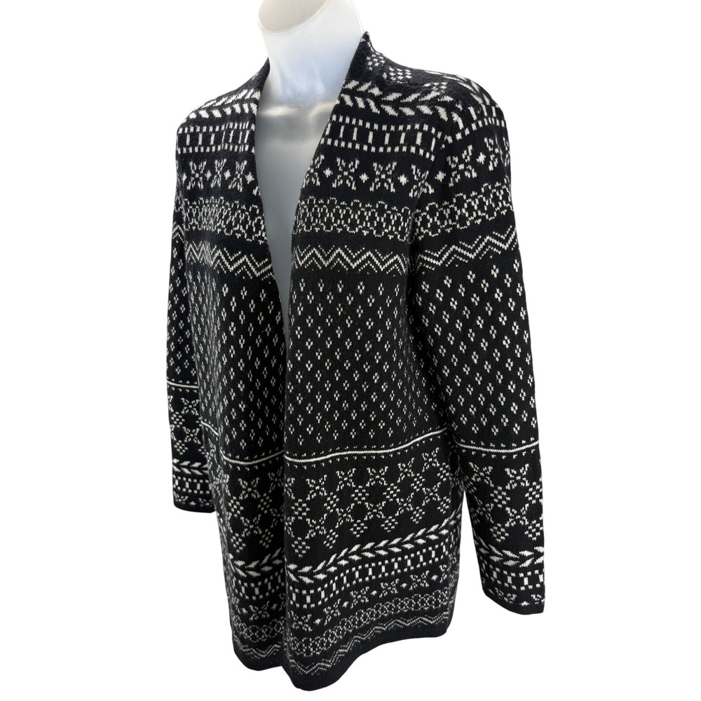 Talbots Womens‎ Black White Fair Isle Knit Cardigan Sweater Medium